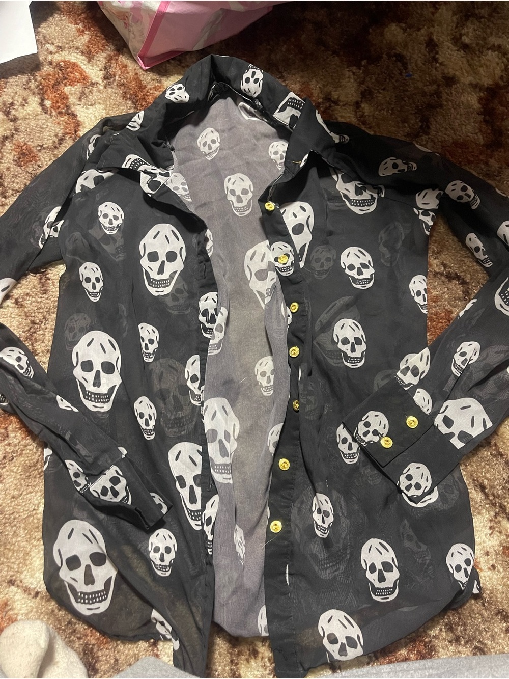 last kiss Black Skull Print Button-Down Shirt Jacket with Yellow Buttons
